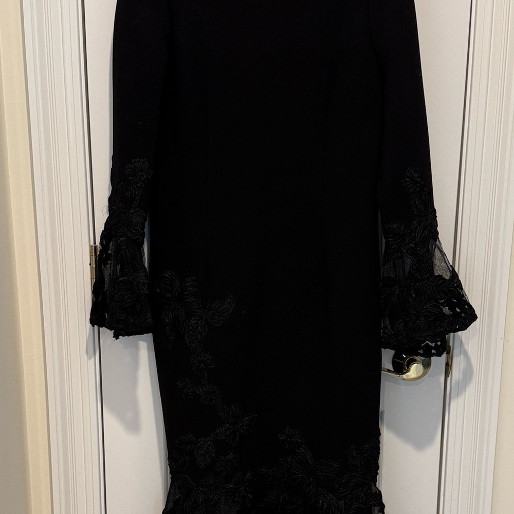 Teri Jon Black Long Sleeve Dress with Lace Accents
